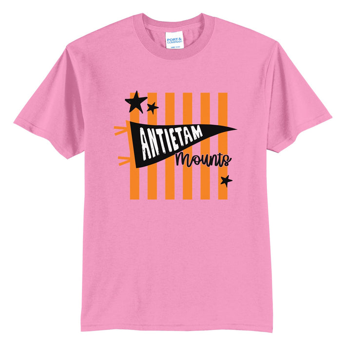 Antietam Mountaineers Pennant Stripes t-shirt in Candy Pink: an Antietam pennant and Mounts script over orange stripes and stars