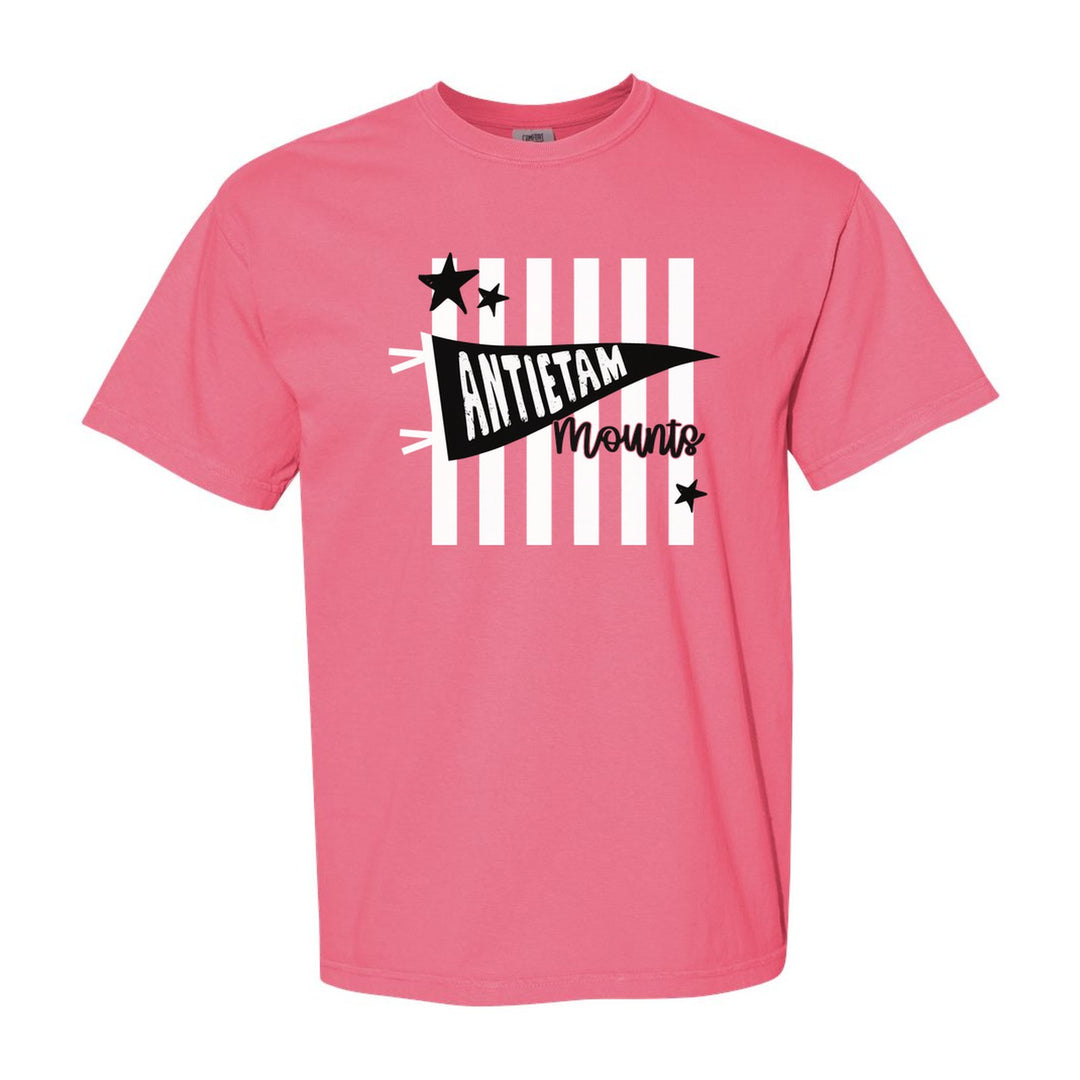 Antietam Mountaineers Pennant Stripes comfort colors t-shirt in Crunchberry: an Antietam pennant and Mounts script over orange stripes and stars
