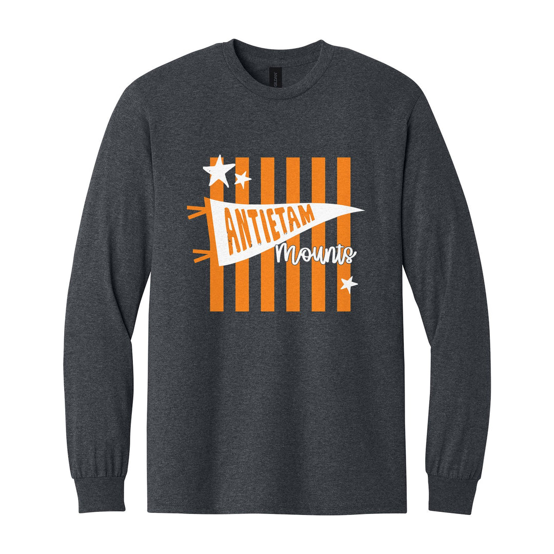 Antietam Mountaineers Pennant Stripes long sleeve t-shirt in Dark Heather: an Antietam pennant and Mounts script over orange stripes and stars