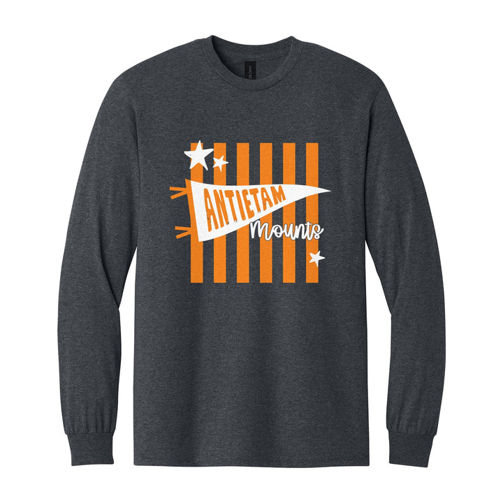 Antietam Mountaineers Pennant Stripes long sleeve t-shirt in Dark Heather: an Antietam pennant and Mounts script over orange stripes and stars