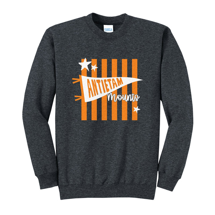 Antietam Mountaineers Pennant Stripes crewneck sweatshirt in Dark Heather Grey: an Antietam pennant and Mounts script over orange stripes and stars