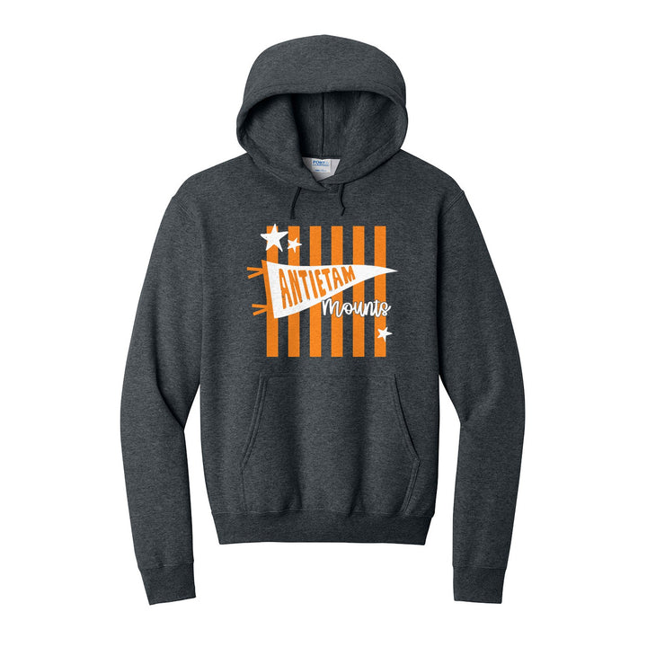 Antietam Mountaineers Pennant Stripes hoodie in Dark Heather Grey: an Antietam pennant and Mounts script over orange stripes and stars