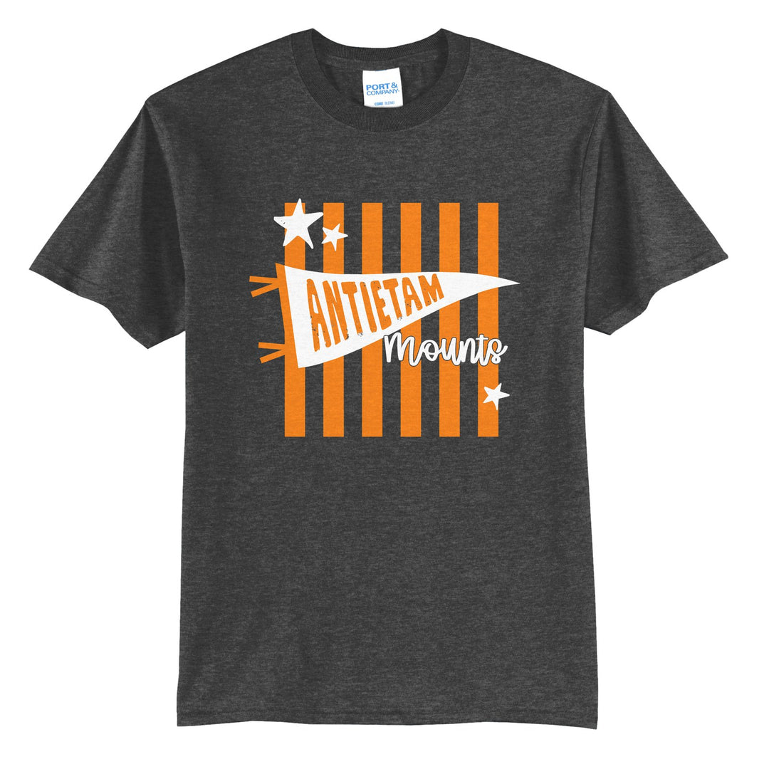Antietam Mountaineers Pennant Stripes t-shirt in Dark Heather Grey: an Antietam pennant and Mounts script over orange stripes and stars
