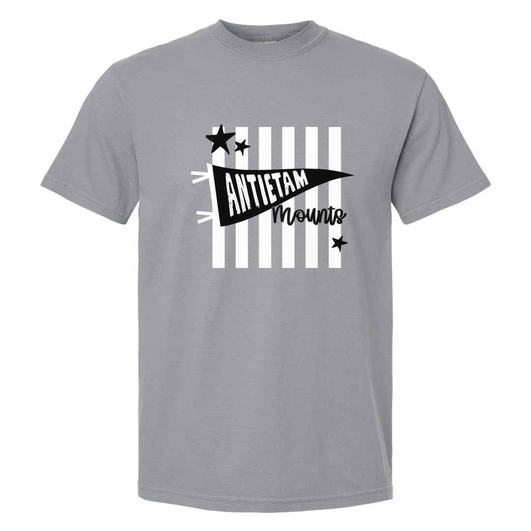 Antietam Mountaineers Pennant Stripes comfort colors t-shirt in Granite: an Antietam pennant and Mounts script over orange stripes and stars