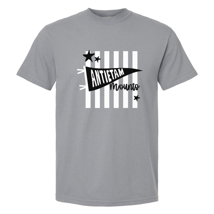 Antietam Mountaineers Pennant Stripes comfort colors t-shirt in Granite: an Antietam pennant and Mounts script over orange stripes and stars