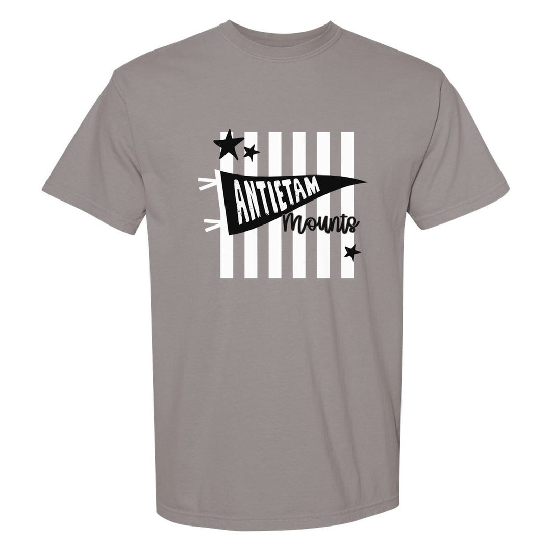 Antietam Mountaineers Pennant Stripes comfort colors t-shirt in Grey: an Antietam pennant and Mounts script over orange stripes and stars