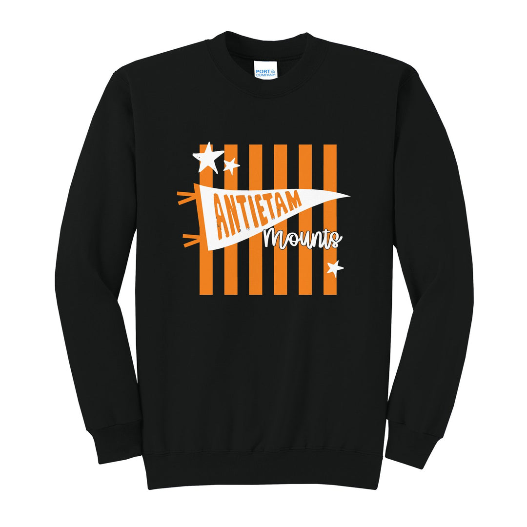 Antietam Mountaineers Pennant Stripes crewneck sweatshirt in Jet Black: an Antietam pennant and Mounts script over orange stripes and stars
