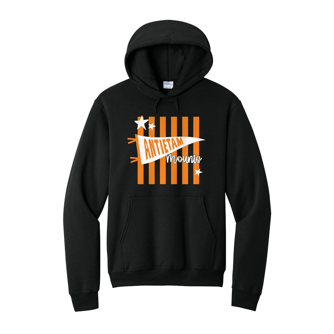 Antietam Mountaineers Pennant Stripes hoodie in Jet Black: an Antietam pennant and Mounts script over orange stripes and stars