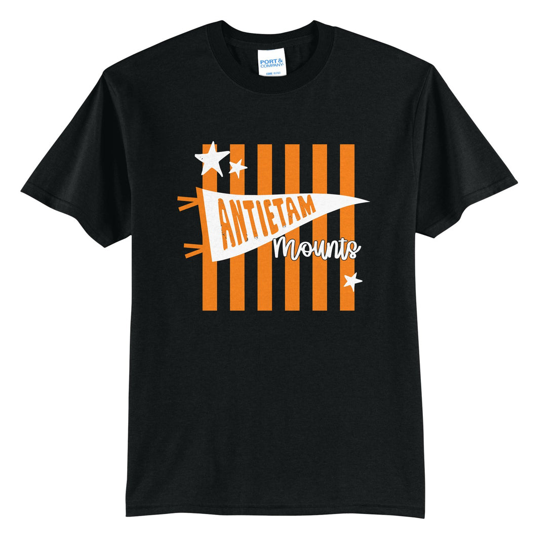 Antietam Mountaineers Pennant Stripes t-shirt in Jet Black: an Antietam pennant and Mounts script over orange stripes and stars