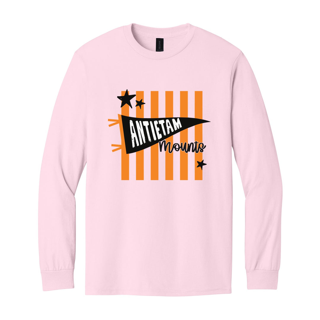 Antietam Mountaineers Pennant Stripes long sleeve t-shirt in Light Pink: an Antietam pennant and Mounts script over orange stripes and stars