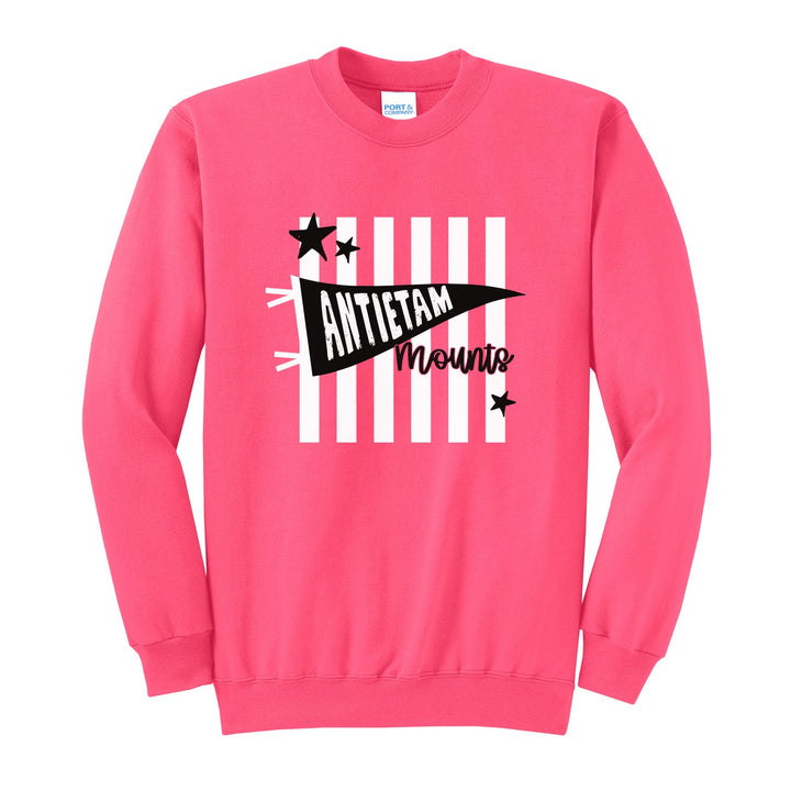 Antietam Mountaineers Pennant Stripes crewneck sweatshirt in Neon Pink: an Antietam pennant and Mounts script over orange stripes and stars