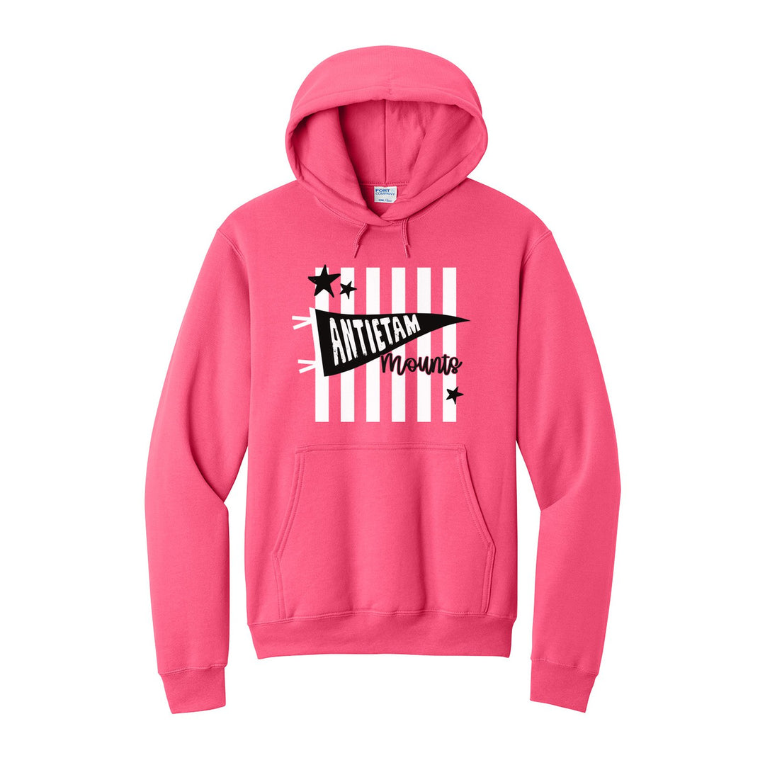 Antietam Mountaineers Pennant Stripes hoodie in Neon Pink: an Antietam pennant and Mounts script over orange stripes and stars