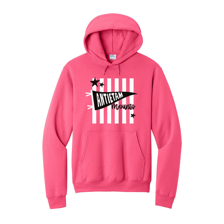 Antietam Mountaineers Pennant Stripes hoodie in Neon Pink: an Antietam pennant and Mounts script over orange stripes and stars