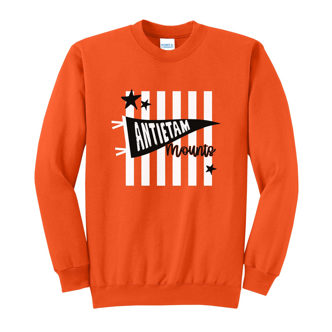 Antietam Mountaineers Pennant Stripes crewneck sweatshirt in Orange: an Antietam pennant and Mounts script over orange stripes and stars