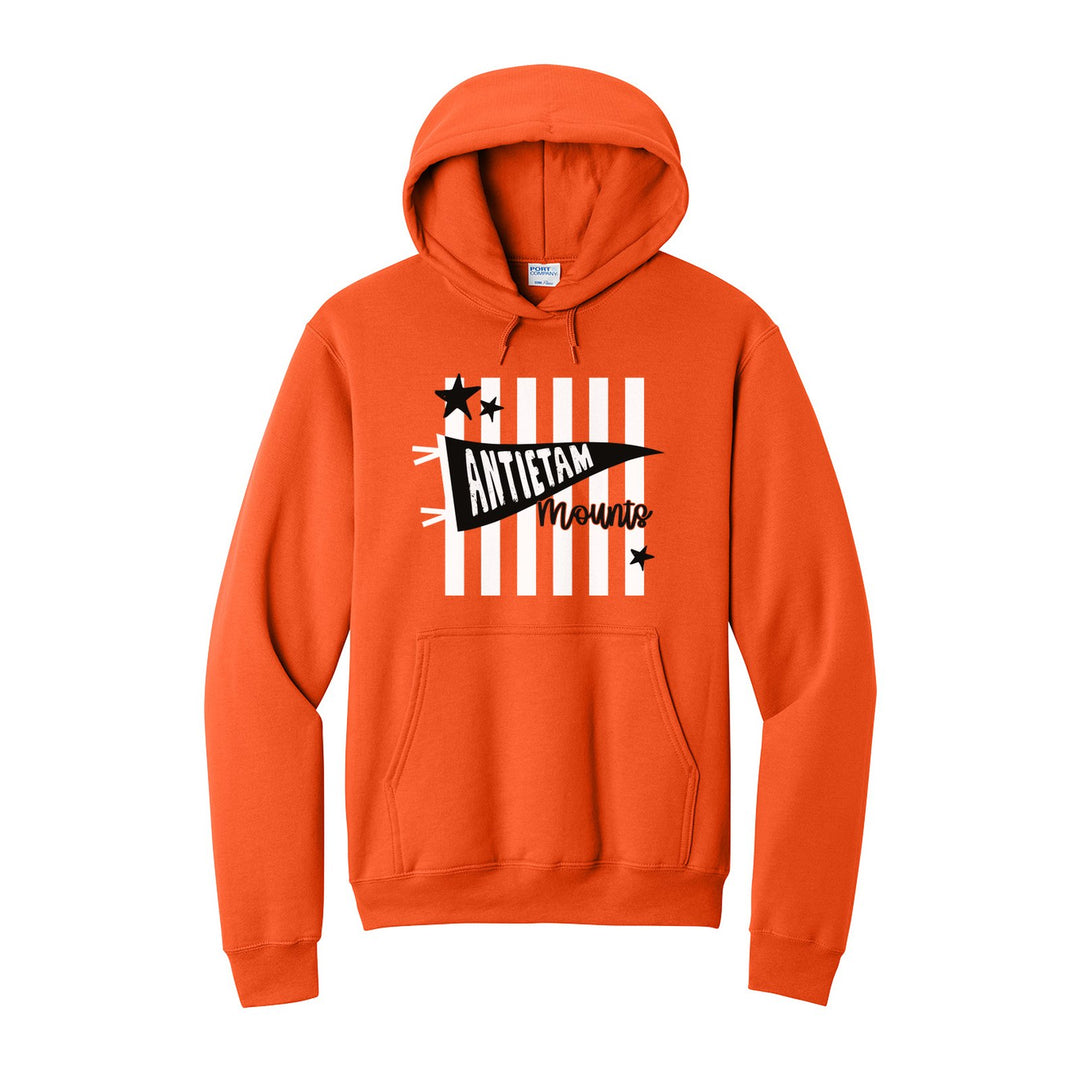 Antietam Mountaineers Pennant Stripes hoodie in Orange: an Antietam pennant and Mounts script over orange stripes and stars