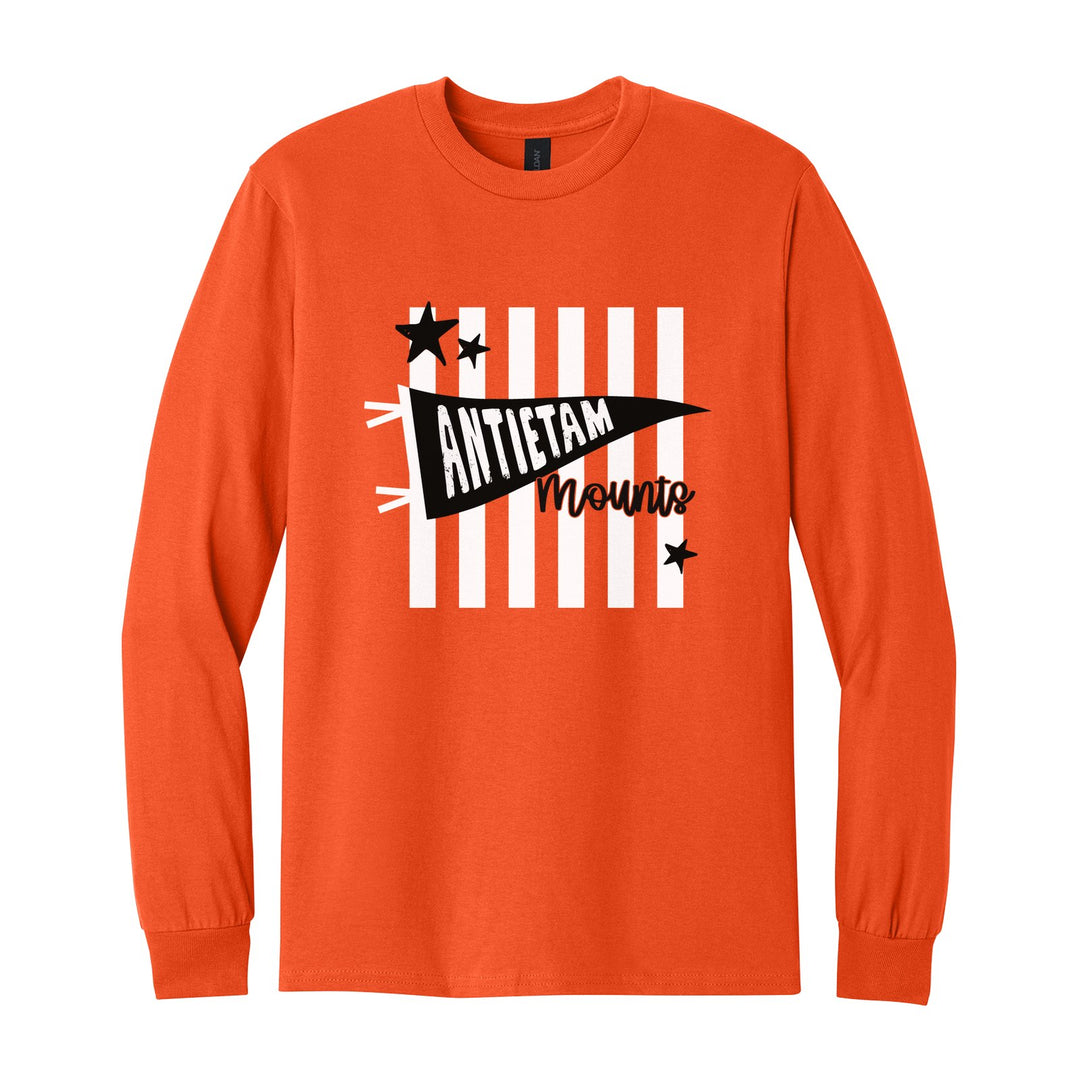 Antietam Mountaineers Pennant Stripes long sleeve t-shirt in Orange: an Antietam pennant and Mounts script over orange stripes and stars