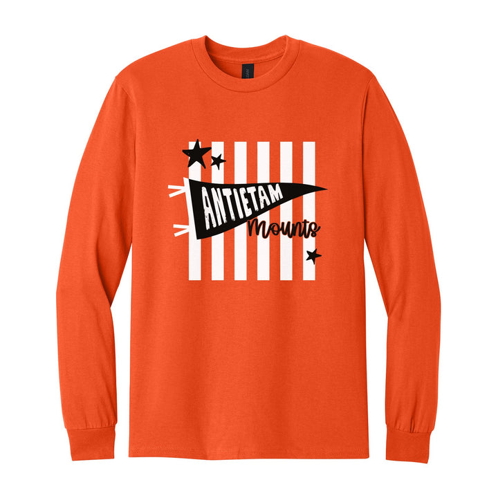 Antietam Mountaineers Pennant Stripes long sleeve t-shirt in Orange: an Antietam pennant and Mounts script over orange stripes and stars