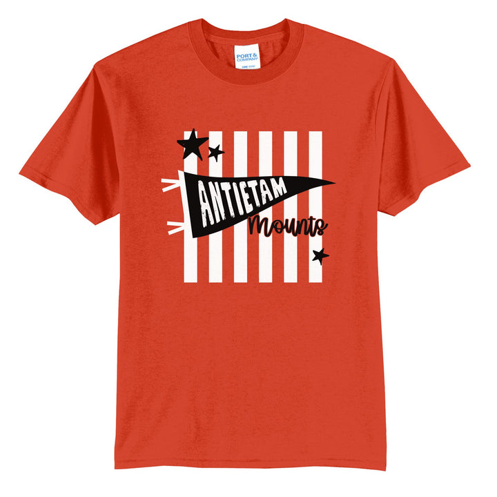 Antietam Mountaineers Pennant Stripes t-shirt in Orange: an Antietam pennant and Mounts script over orange stripes and stars