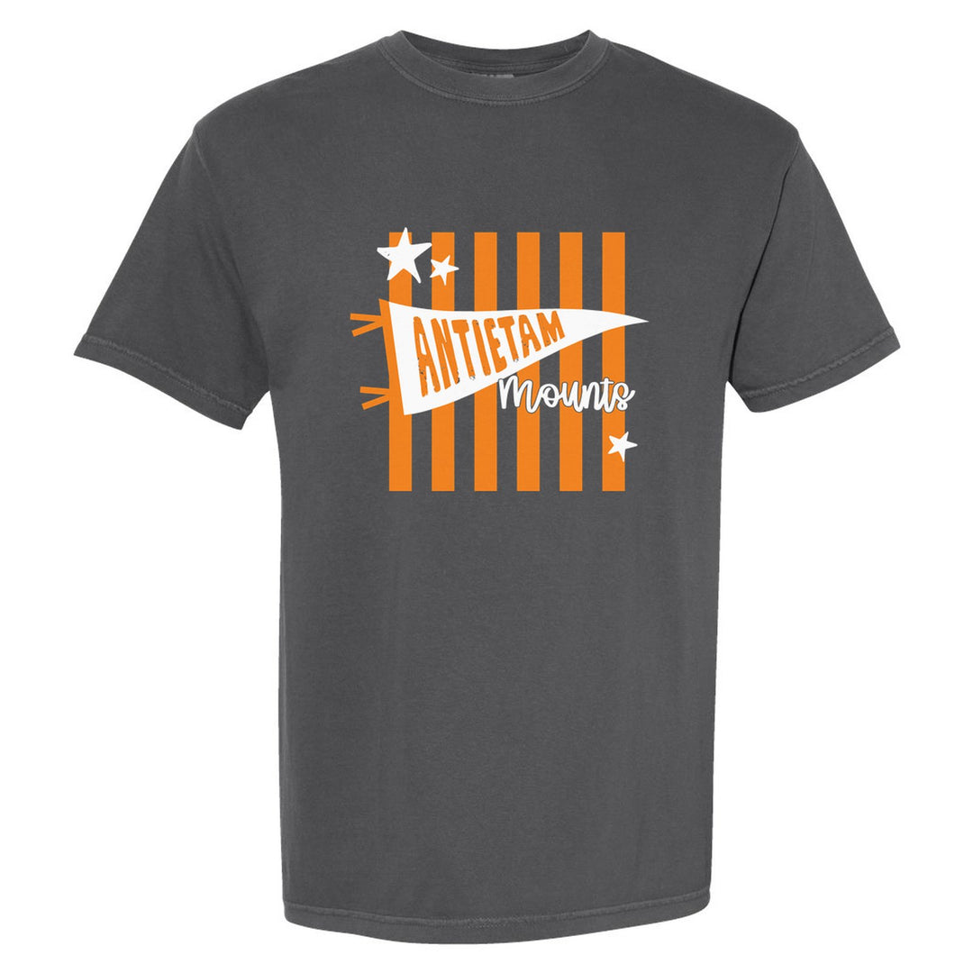 Antietam Mountaineers Pennant Stripes comfort colors t-shirt in Pepper: an Antietam pennant and Mounts script over orange stripes and stars