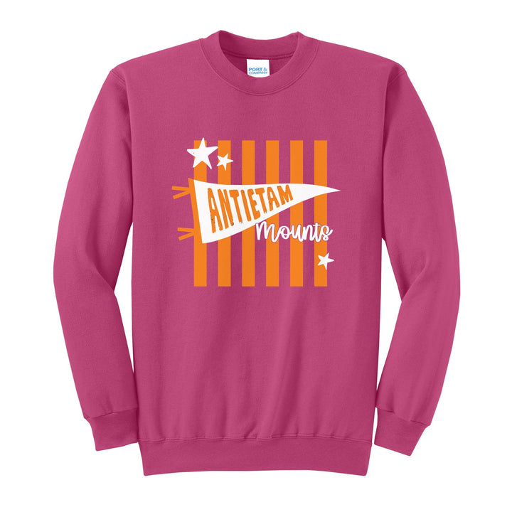 Antietam Mountaineers Pennant Stripes crewneck sweatshirt in Sangria: an Antietam pennant and Mounts script over orange stripes and stars