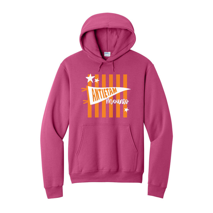 Antietam Mountaineers Pennant Stripes hoodie in Sangria: an Antietam pennant and Mounts script over orange stripes and stars