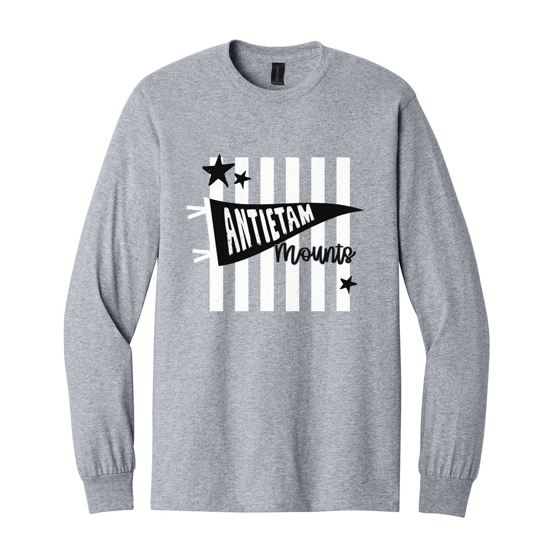 Antietam Mountaineers Pennant Stripes long sleeve t-shirt in Sport Grey: an Antietam pennant and Mounts script over orange stripes and stars