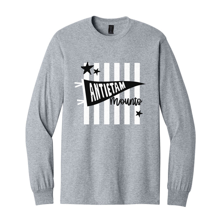 Antietam Mountaineers Pennant Stripes long sleeve t-shirt in Sport Grey: an Antietam pennant and Mounts script over orange stripes and stars