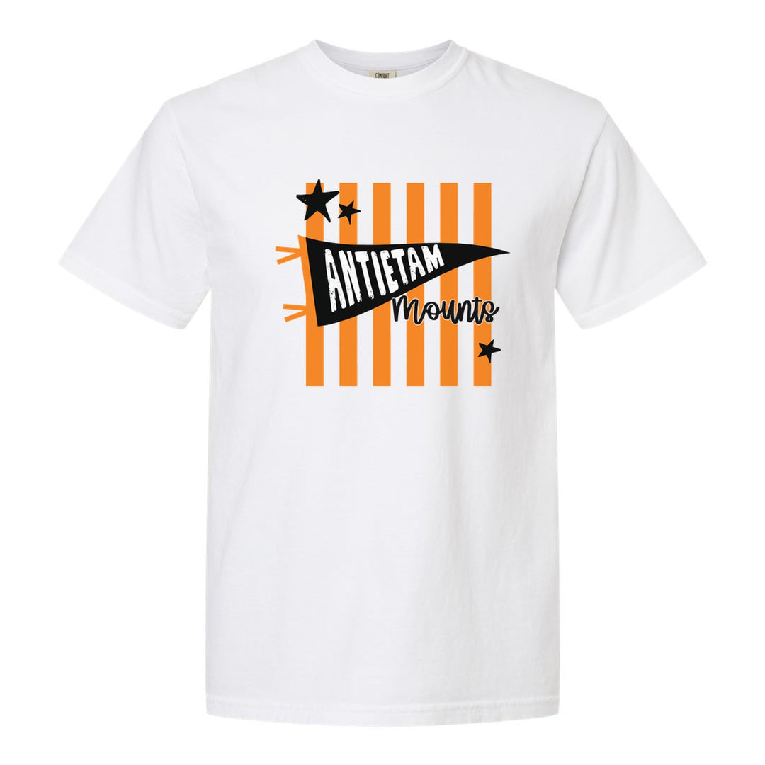 Antietam Mountaineers Pennant Stripes comfort colors t-shirt in White: an Antietam pennant and Mounts script over orange stripes and stars