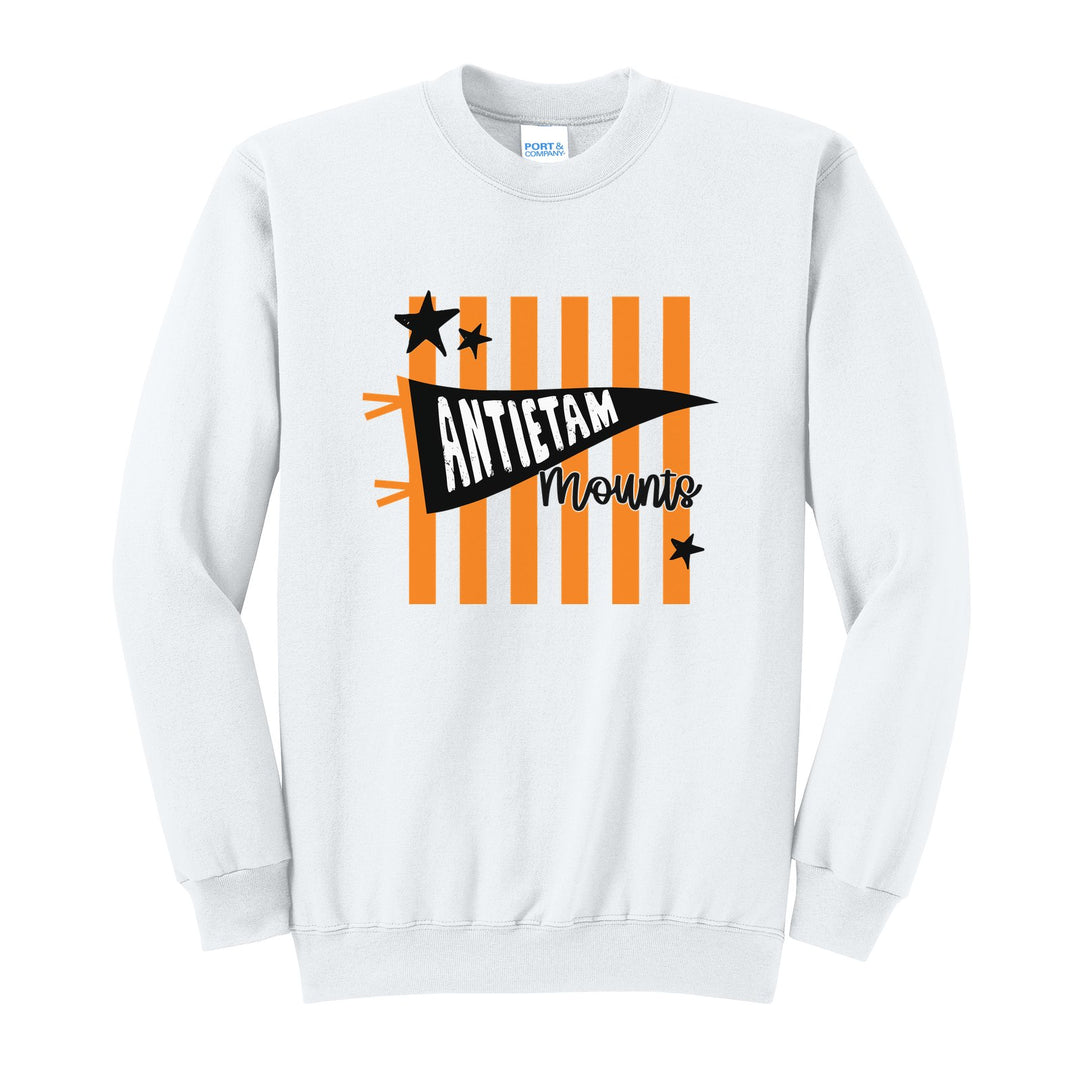 Antietam Mountaineers Pennant Stripes crewneck sweatshirt in White: an Antietam pennant and Mounts script over orange stripes and stars