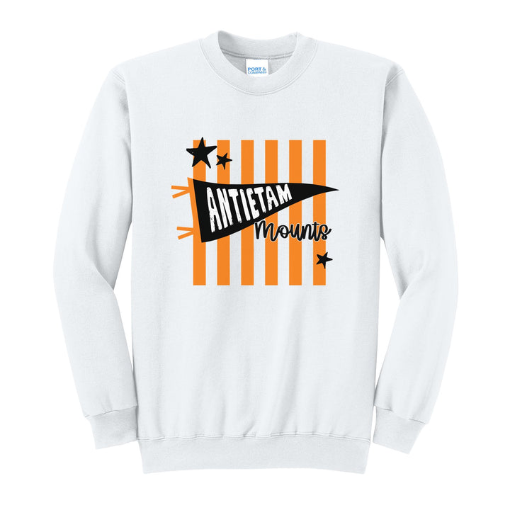 Antietam Mountaineers Pennant Stripes crewneck sweatshirt in White: an Antietam pennant and Mounts script over orange stripes and stars