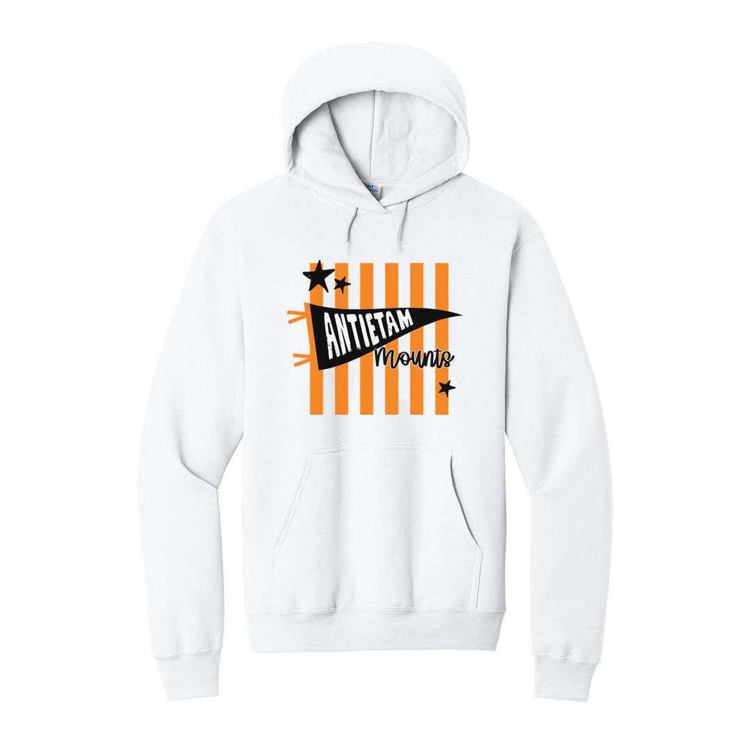 Antietam Mountaineers Pennant Stripes hoodie in White: an Antietam pennant and Mounts script over orange stripes and stars