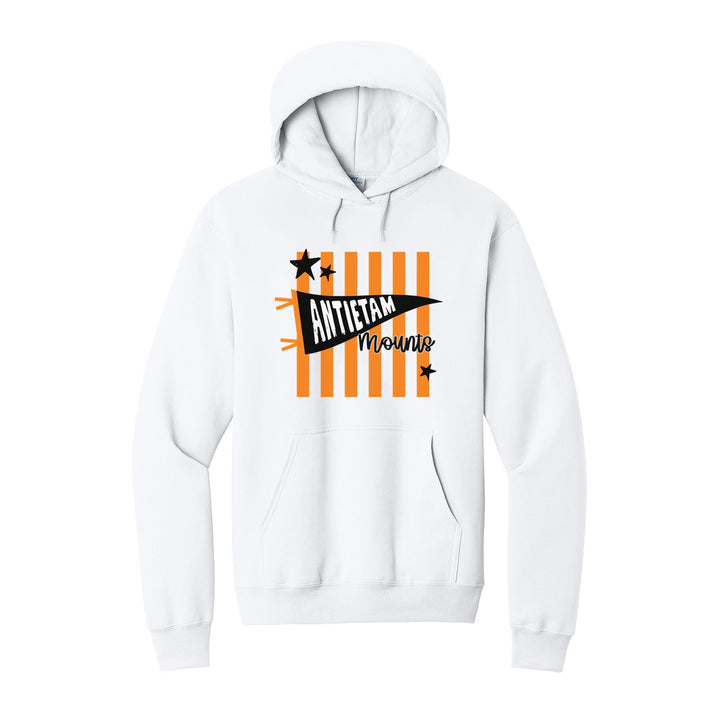 Antietam Mountaineers Pennant Stripes hoodie in White: an Antietam pennant and Mounts script over orange stripes and stars