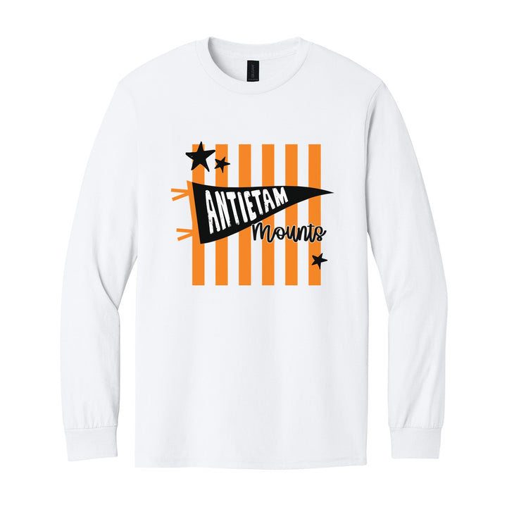 Antietam Mountaineers Pennant Stripes long sleeve t-shirt in White: an Antietam pennant and Mounts script over orange stripes and stars