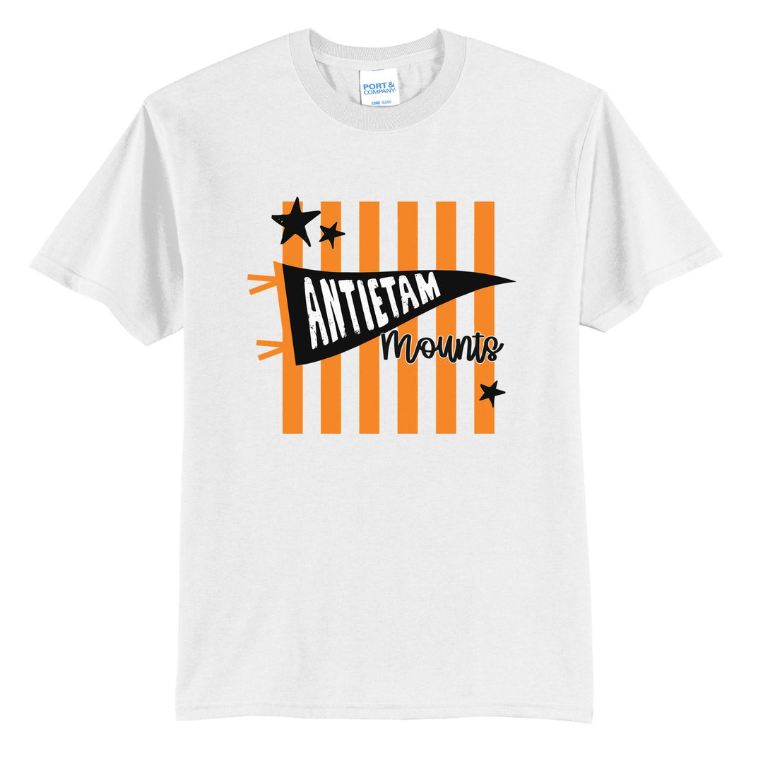 Antietam Mountaineers Pennant Stripes t-shirt in White: an Antietam pennant and Mounts script over orange stripes and stars