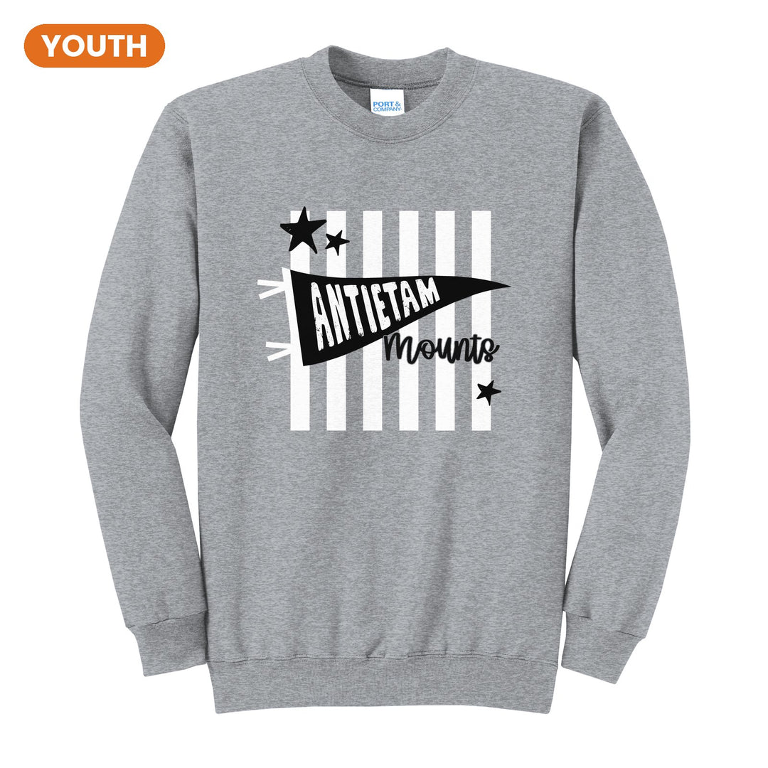 Antietam Mountaineers Pennant Stripes youth crewneck sweatshirt in Athletic Heather: an Antietam pennant and Mounts script over orange stripes and stars