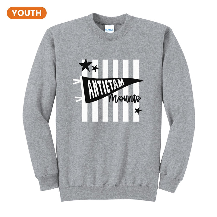 Antietam Mountaineers Pennant Stripes youth crewneck sweatshirt in Athletic Heather: an Antietam pennant and Mounts script over orange stripes and stars
