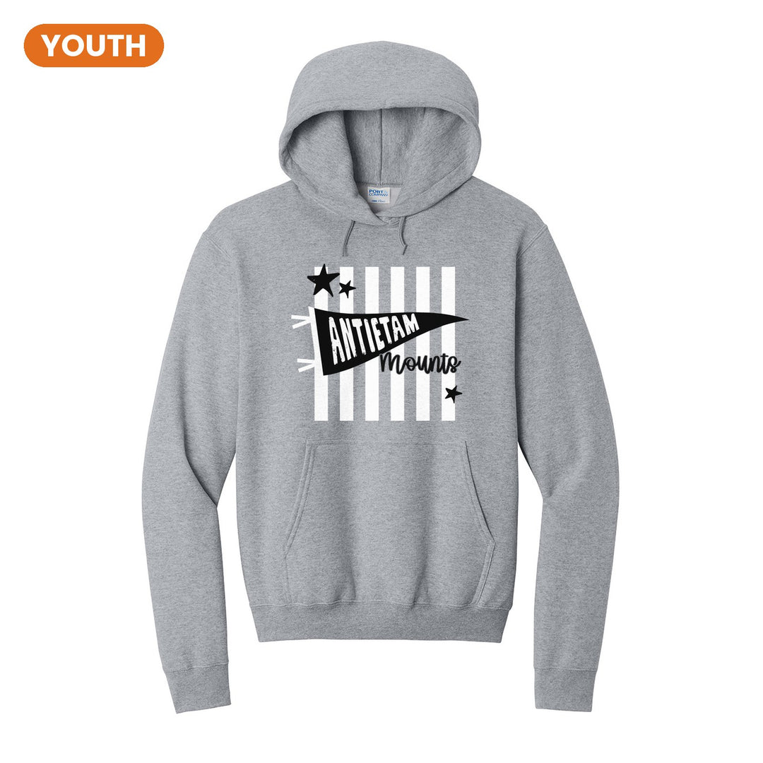 Antietam Mountaineers Pennant Stripes youth hoodie in Athletic Heather: an Antietam pennant and Mounts script over orange stripes and stars