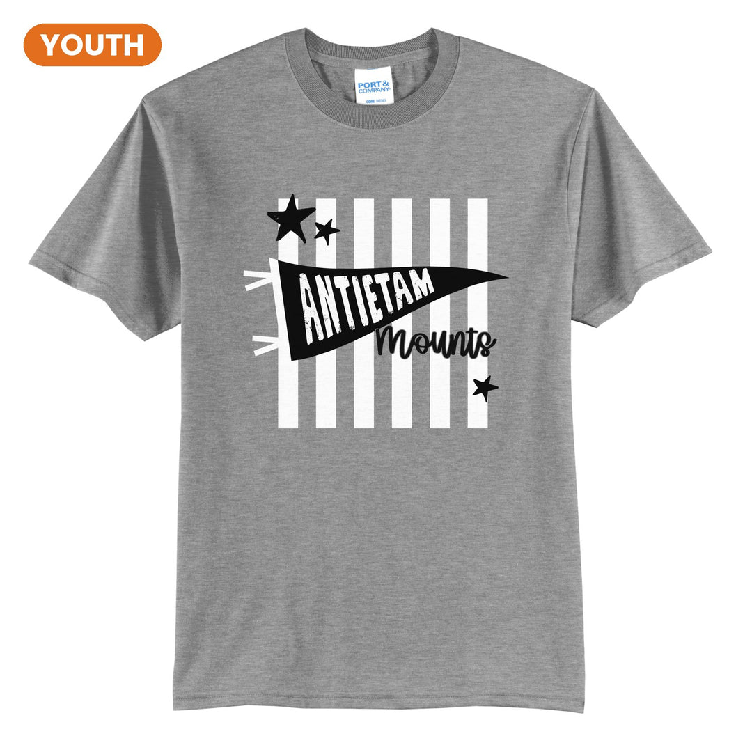 Antietam Mountaineers Pennant Stripes youth t-shirt in Athletic Heather: an Antietam pennant and Mounts script over orange stripes and stars
