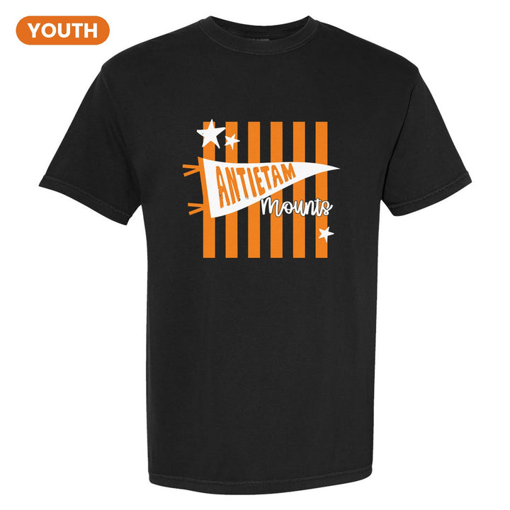 Antietam Mountaineers Pennant Stripes youth comfort colors t-shirt in Black: an Antietam pennant and Mounts script over orange stripes and stars