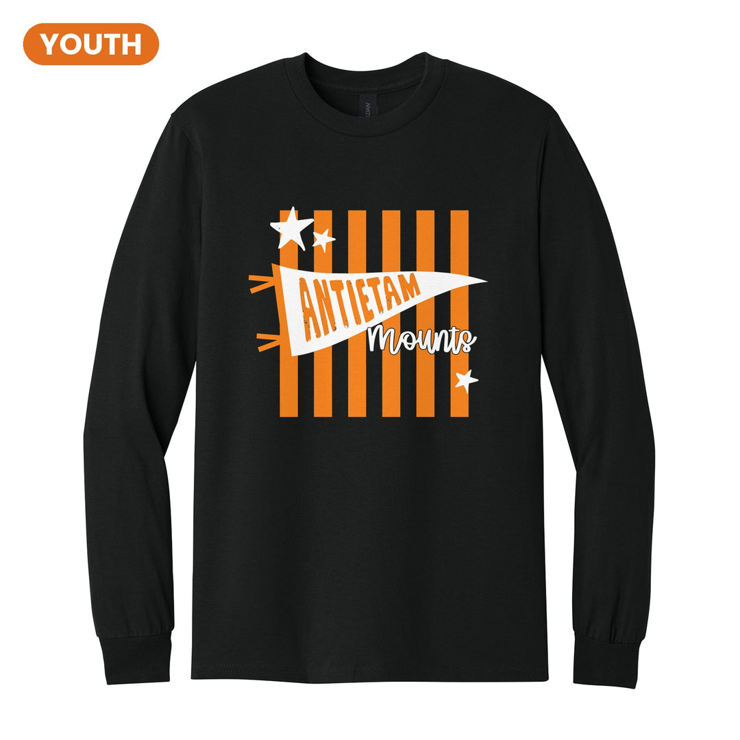 Antietam Mountaineers Pennant Stripes youth long sleeve t-shirt in Black: an Antietam pennant and Mounts script over orange stripes and stars