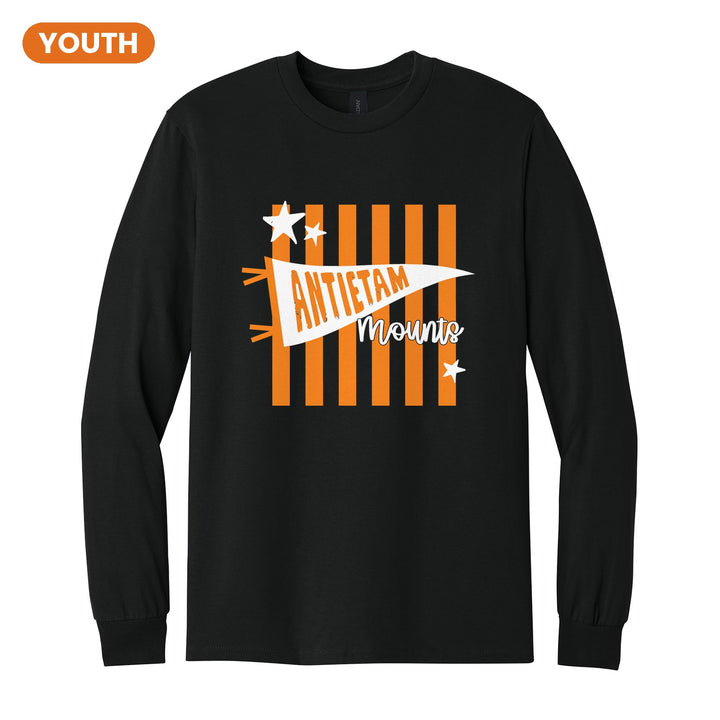 Antietam Mountaineers Pennant Stripes youth long sleeve t-shirt in Black: an Antietam pennant and Mounts script over orange stripes and stars