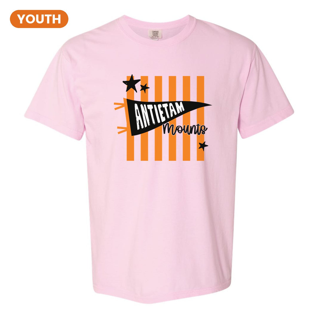 Antietam Mountaineers Pennant Stripes youth comfort colors t-shirt in Blossom: an Antietam pennant and Mounts script over orange stripes and stars