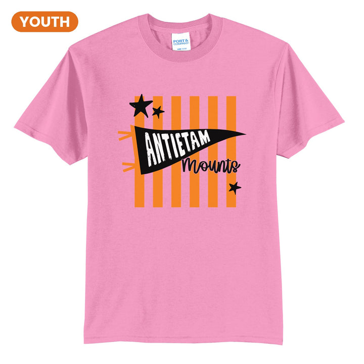 Antietam Mountaineers Pennant Stripes youth t-shirt in Candy Pink: an Antietam pennant and Mounts script over orange stripes and stars