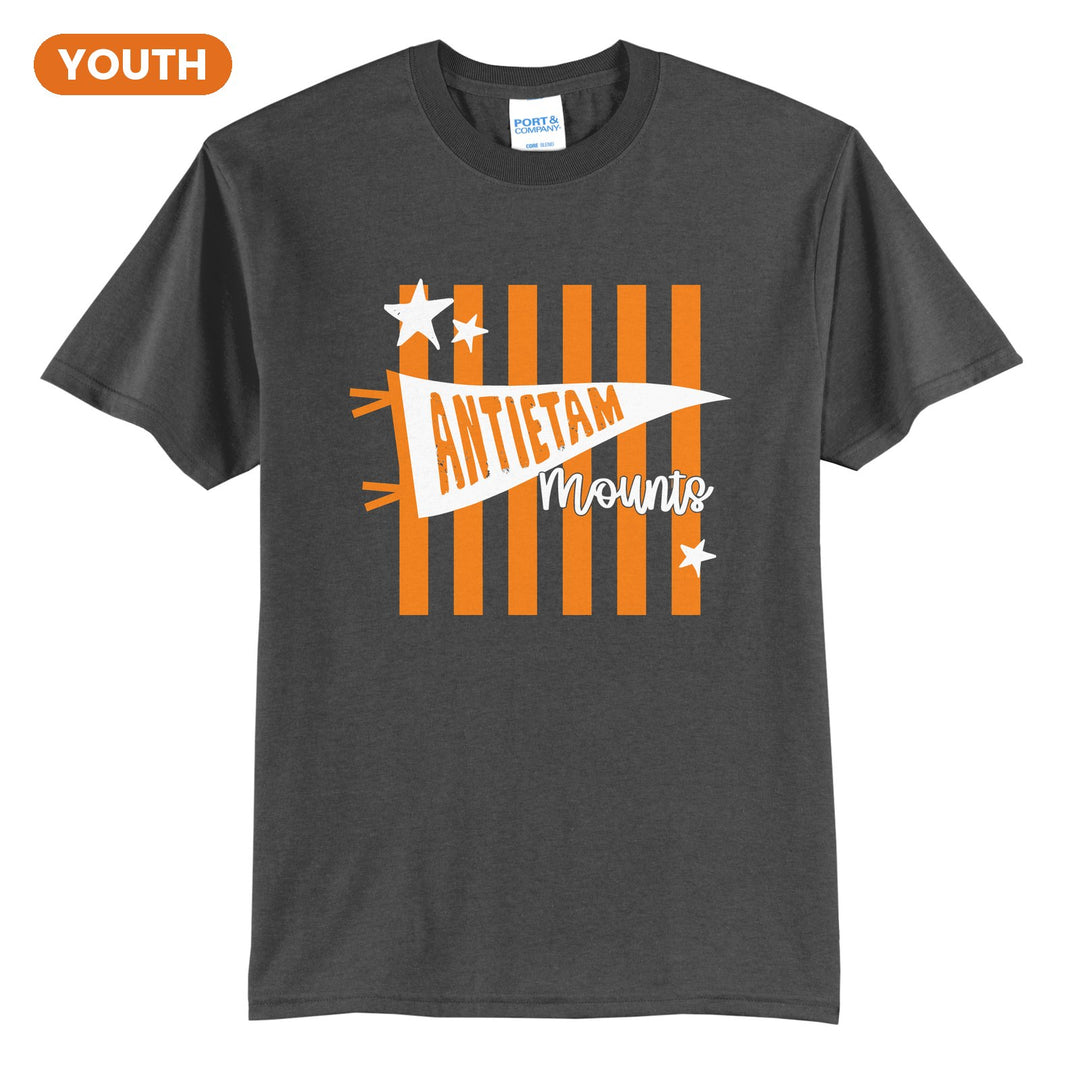 Antietam Mountaineers Pennant Stripes youth t-shirt in Charcoal: an Antietam pennant and Mounts script over orange stripes and stars