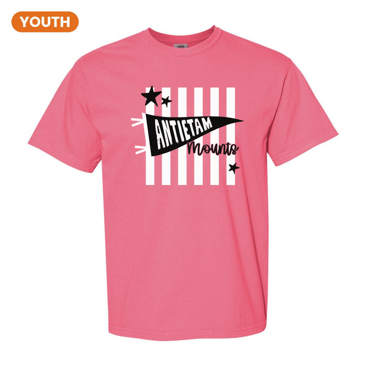 Antietam Mountaineers Pennant Stripes youth comfort colors t-shirt in Crunchberry: an Antietam pennant and Mounts script over orange stripes and stars