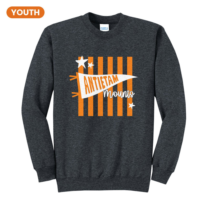 Antietam Mountaineers Pennant Stripes youth crewneck sweatshirt in Dark Heather Grey: an Antietam pennant and Mounts script over orange stripes and stars