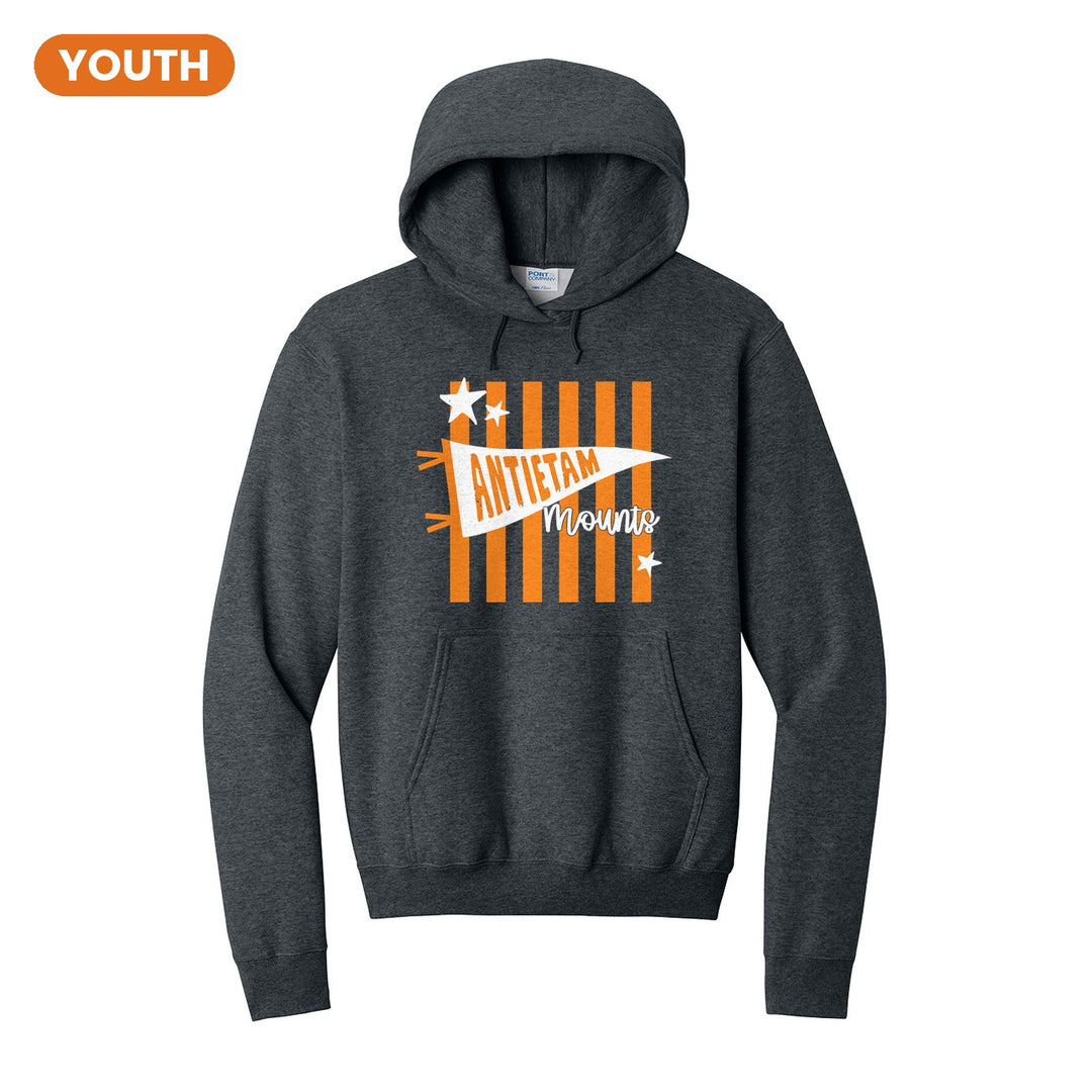 Antietam Mountaineers Pennant Stripes youth hoodie in Dark Heather Grey: an Antietam pennant and Mounts script over orange stripes and stars