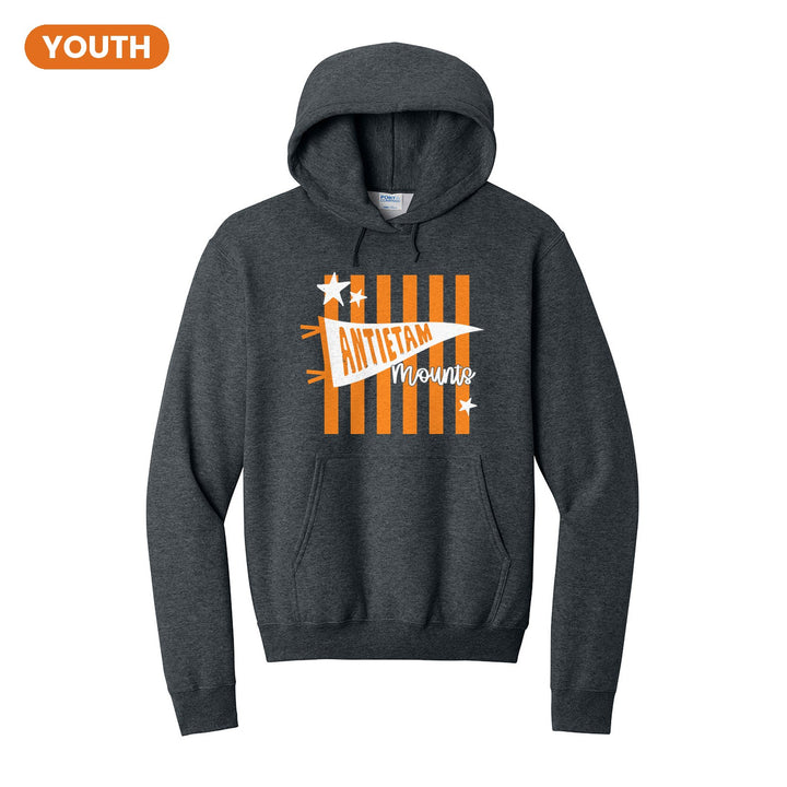 Antietam Mountaineers Pennant Stripes youth hoodie in Dark Heather Grey: an Antietam pennant and Mounts script over orange stripes and stars