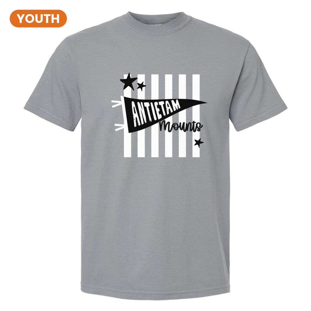 Antietam Mountaineers Pennant Stripes youth comfort colors t-shirt in Granite: an Antietam pennant and Mounts script over orange stripes and stars