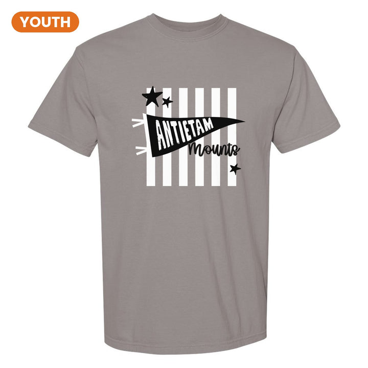 Antietam Mountaineers Pennant Stripes youth comfort colors t-shirt in Grey: an Antietam pennant and Mounts script over orange stripes and stars